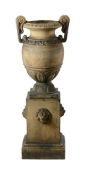 A DOULTON STONEWARE TWIN HANDLED URN ON STAND, EARLY 20TH CENTURY