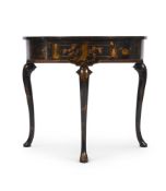 A BLACK JAPANNED AND GILT DECORATED DEMI-LUNE SIDE TABLE, IN QUEEN ANNE STYLE, 20TH CENTURY