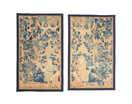 A PAIR OF TAPESTRY PANELS EMBLEMATIC OF HOPE AND JUSTICE, LATE 17TH/EARLY 18TH CENTURY