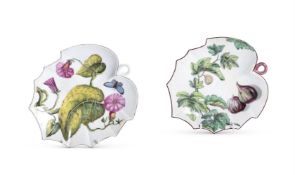 TWO CHELSEA PORCELAIN LEAF-SHAPED DISHES OF HANS SLOANE TYPE, CIRCA 1756