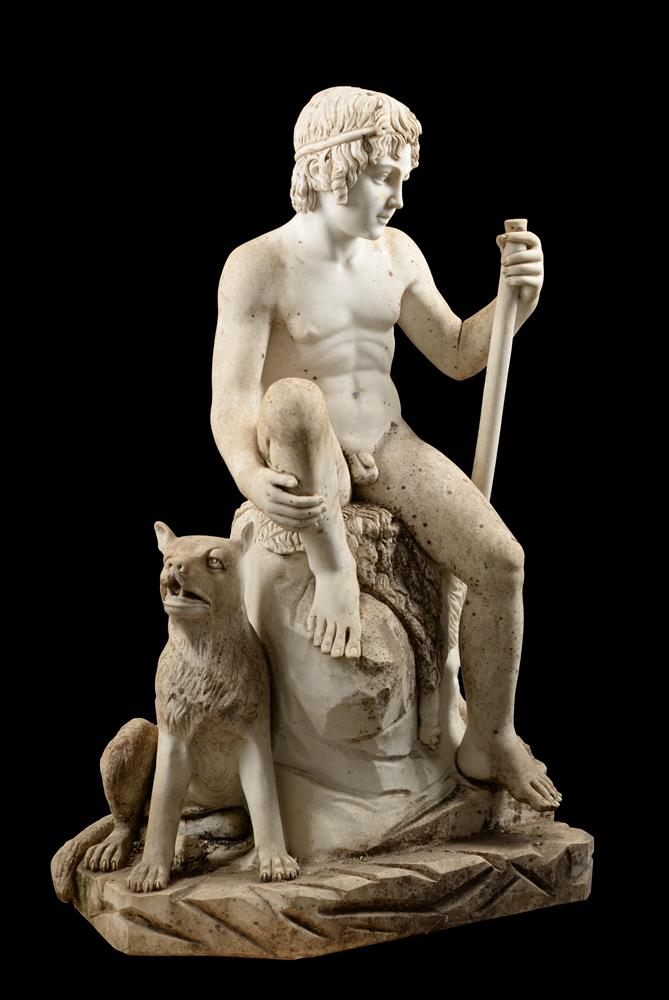 AFTER BERTEL THORVALDSEN (DANISH 1770-1844) A LARGE CARVED WHITE MARBLE FIGURE 'THE SHEPHERD BOY' - Image 2 of 5