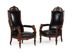 A PAIR OF EARLY VICTORIAN MAHOGANY AND LEATHER OPEN ARMCHAIRS, CIRCA 1840