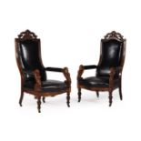 A PAIR OF EARLY VICTORIAN MAHOGANY AND LEATHER OPEN ARMCHAIRS, CIRCA 1840