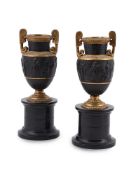 A PAIR OF FRENCH BRONZE AND PARCEL GILT VASES OF VOLUTE KRATER FORM, LATE 19TH CENTURY
