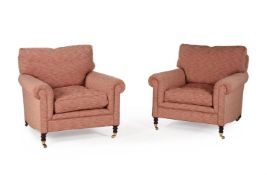 A PAIR OF STAINED BEECH AND UPHOLSTERED ARMCHAIRS, BY GEORGE SMITH, LATE 20TH CENTURY