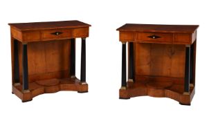 Y A PAIR OF EMPIRE BIRCH AND EBONISED CONSOLE TABLES, CIRCA 1810