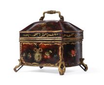 A CONTINENAL TOLE PEINTE TEA CADDY OF BAROQUE FORM, EARLY 19TH CENTURY