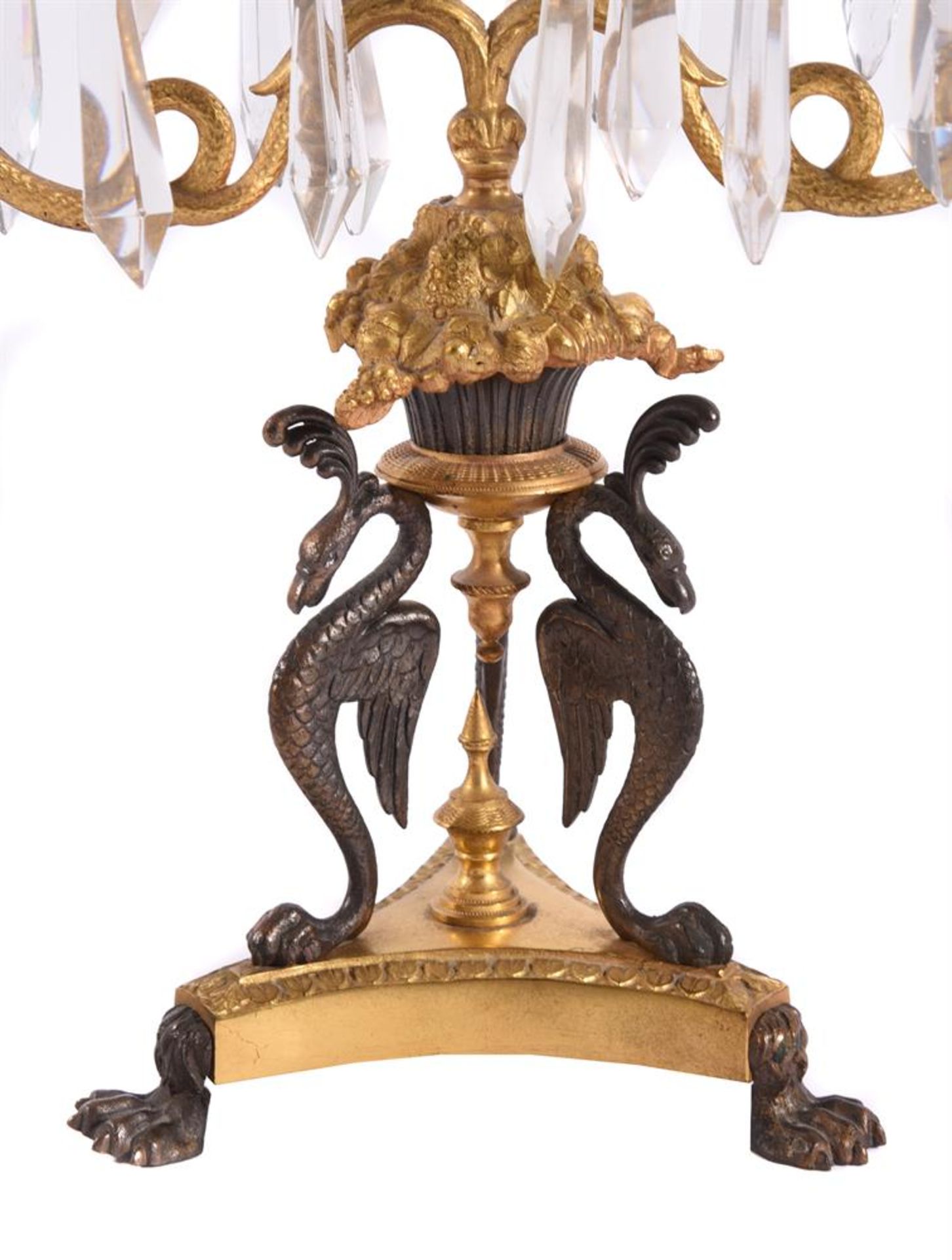 A PAIR OF REGENCY GILT AND PATINATED BRONZE TWIN-LIGHT TABLE LUSTRES, CIRCA 1815 - Image 2 of 2