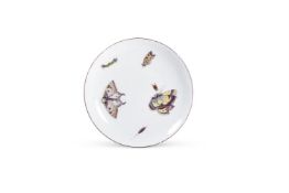 A CHELSEA SAUCER DISH PAINTED WITH INSECTS, CIRCA 1756