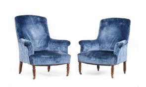 A PAIR OF WALNUT AND UPHOLSTERED ARMCHAIRS, MID 19TH CENTURY