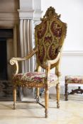 AN ITALIAN CARVED GILTWOOD ARMCHAIR PROBABLY VENETIAN, CIRCA 1780