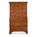 A GEORGE II BURR WALNUT SECRETAIRE CHEST ON CHEST, CIRCA 1730