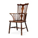 A FRUITWOOD, ELM AND BEECH COMB BACK WINDSOR ARMCHAIR, SECOND HALF 18TH CENTURY