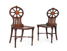 Y A PAIR OF GEORGE III MAHOGANY AND SATINWOOD INLAID HALL CHAIRS, CIRCA 1800
