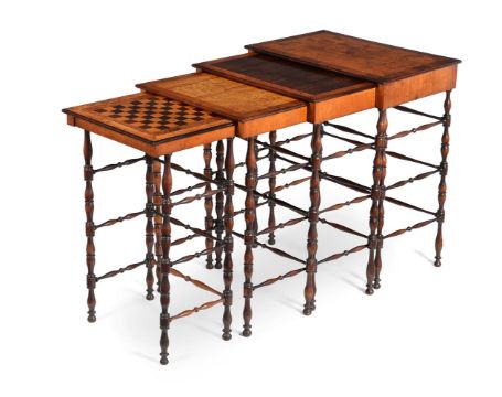 A SET OF GEORGE IV AMBOYNA, ROSEWOOD AND BIRCH QUARTETTO TABLES, ATTRIBUTED TO GILLOWS, CIRCA 1820