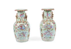 A PAIR OF CANTONESE CELADON GROUND VASES19TH CENTURYPainted in famille rose palette with figures a