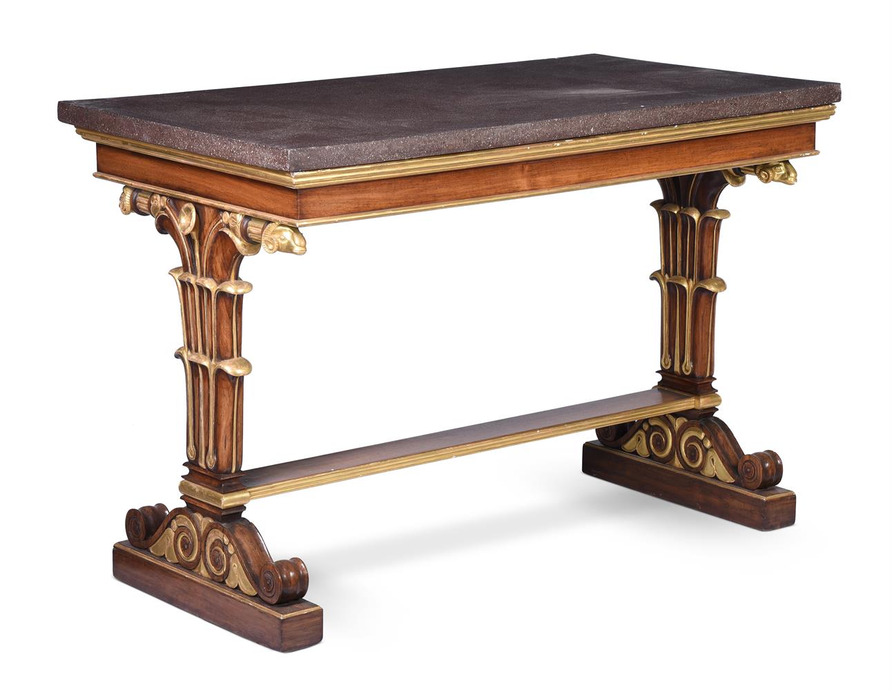 A ROSEWOOD AND PARCEL GILT CENTRE TABLE IN GEORGE IV STYLEIN THE MANNER OF GEORGE SMITH The porphy