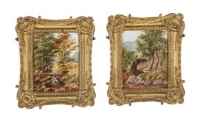 ATTRIBUTED TO EDMUND GILL (1820-1894), A PAIR OF LANDSCAPES WITH FIGURES ON A BRIDGE ACROSS A STREAM