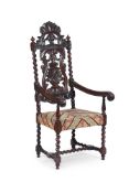 A CARVED WALNUT OPEN ARMCHAIR IN LOUIS XVI STYLE