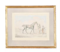 HENRY ALKEN SENIOR (ENGLISH 1784 - 1851), A RACEHORSE WITH A HANDLER AND JOCKEY