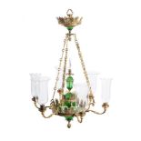 A SWEDISH GILT METAL AND GREEN PRESS MOULDED GLASS CHANDELIER