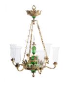 A SWEDISH GILT METAL AND GREEN PRESS MOULDED GLASS CHANDELIER