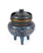A CHINESE CLOISONNÉ TRIPOD INCENSE BURNER AND COVER