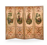 A FOUR-FOLD PAINTED LEATHER ROOM SCREEN