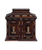 Y AN EARLY VICTORIAN ROSEWOOD AND MOTHER OF PEARL INLAID WORK AND WRITING BOX