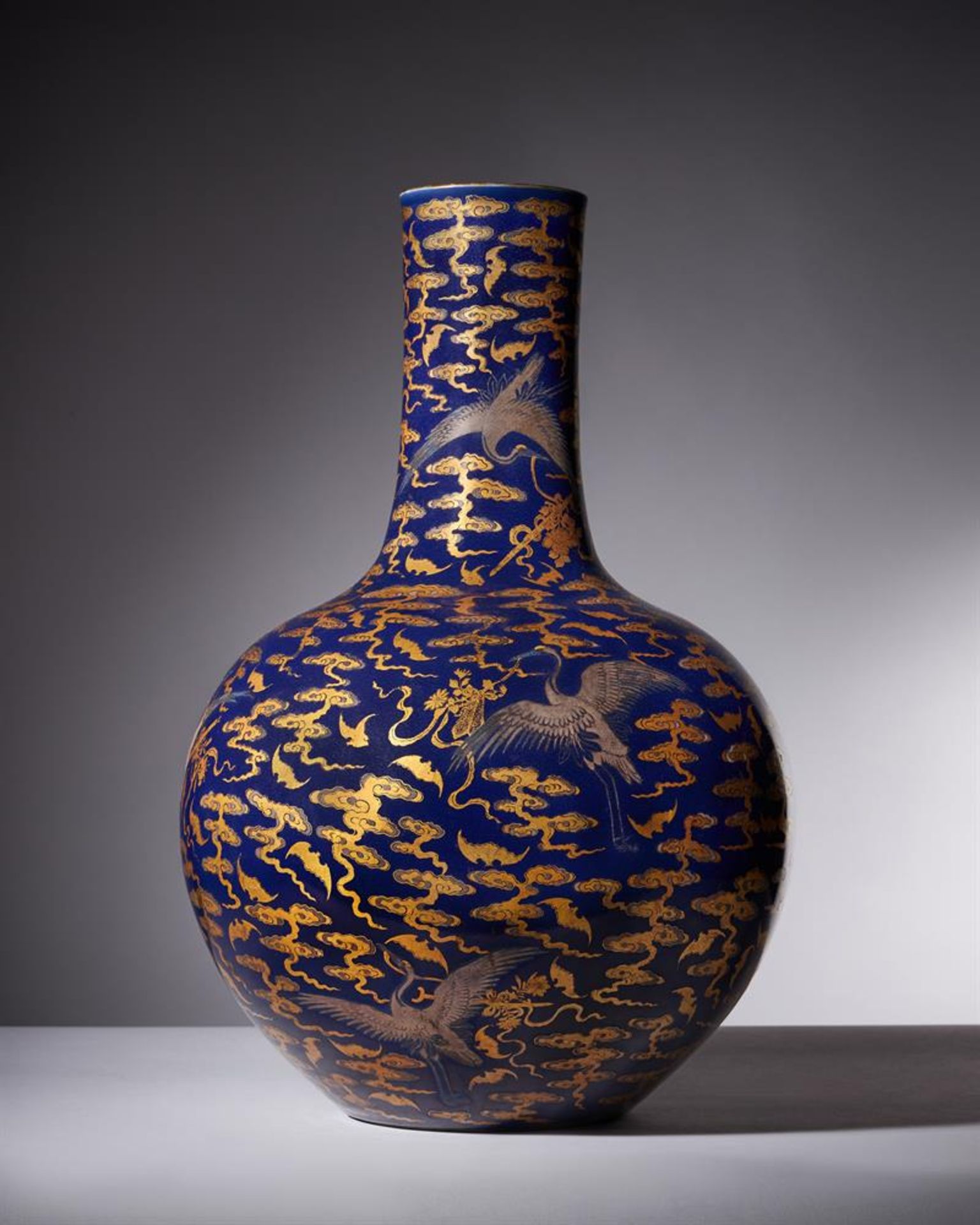 A Magnificent Chinese Imperial blue-glazed silver and gilt 'Bat and Crane' vase