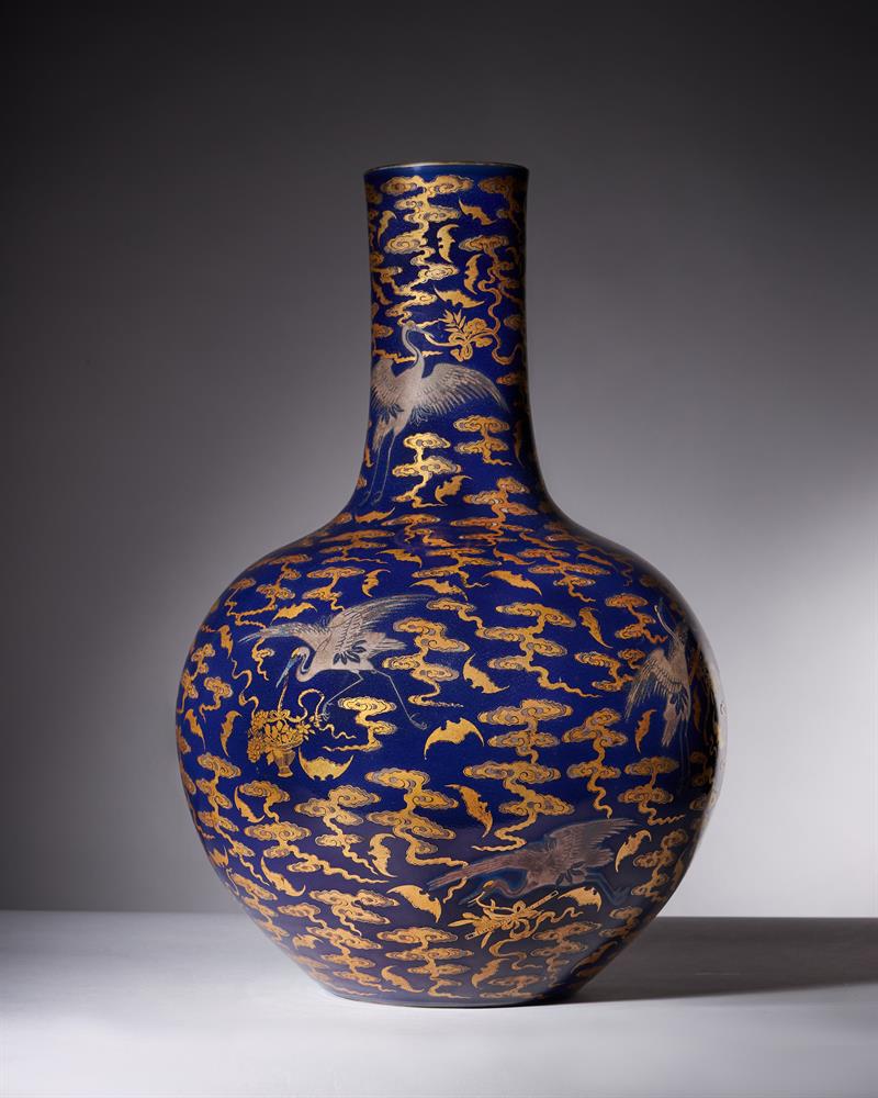 A Magnificent Chinese Imperial blue-glazed silver and gilt 'Bat and Crane' vase - Image 2 of 25