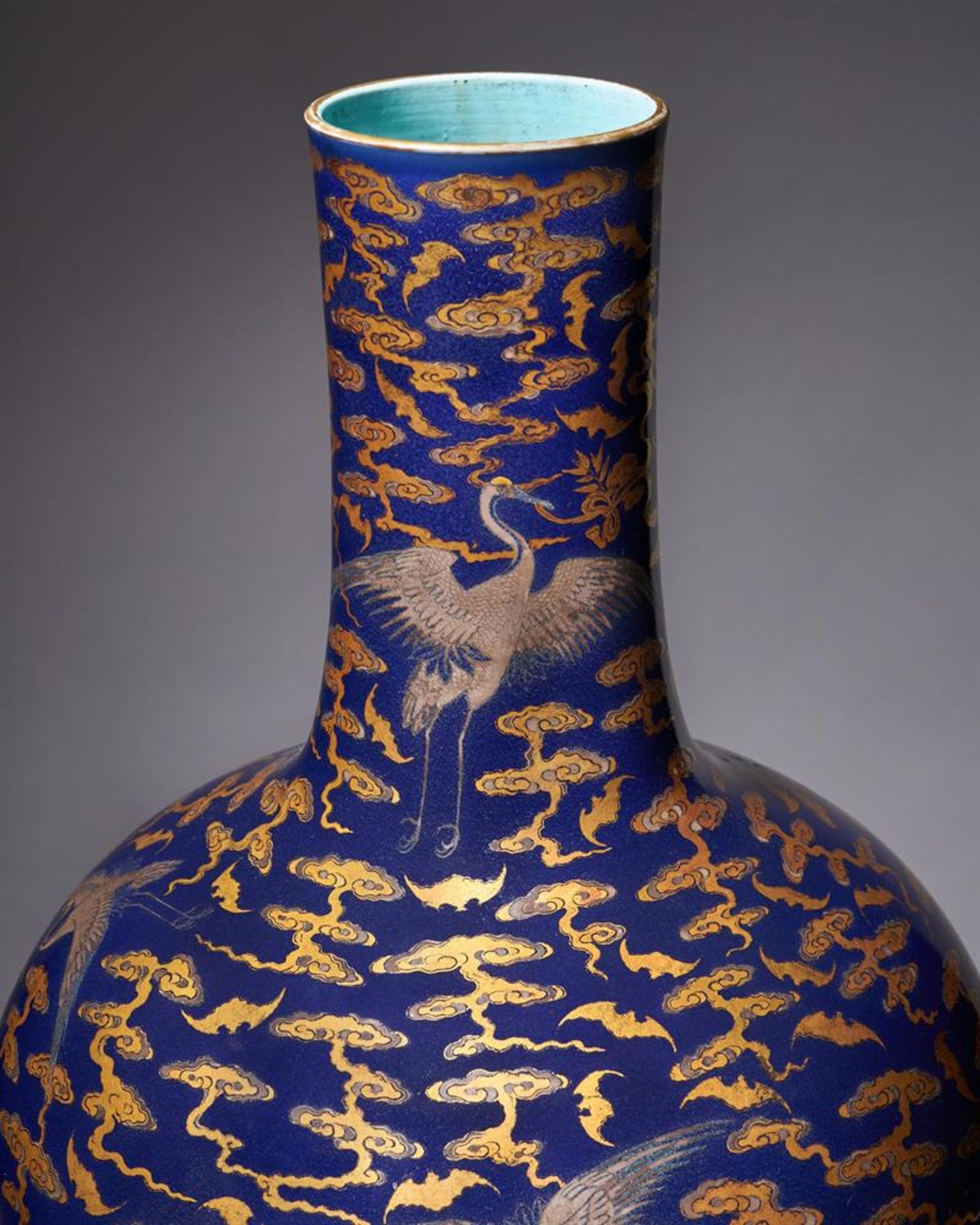 A Magnificent Chinese Imperial blue-glazed silver and gilt 'Bat and Crane' vase - Image 5 of 25