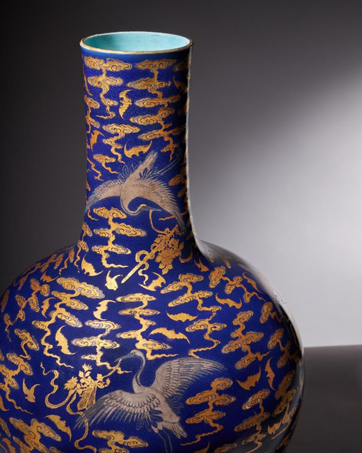 A Magnificent Chinese Imperial blue-glazed silver and gilt 'Bat and Crane' vase - Image 4 of 25