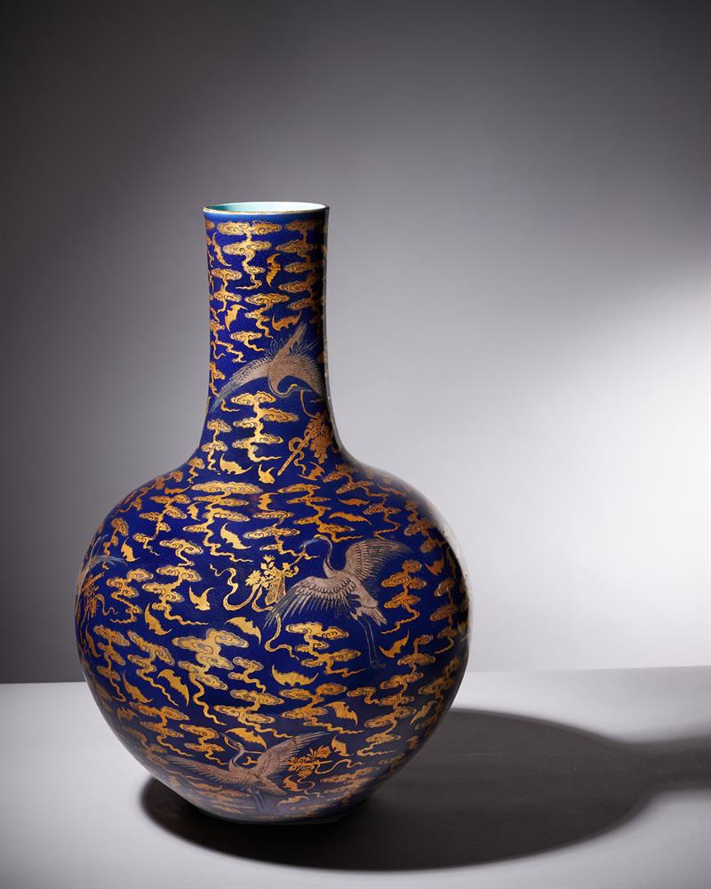 A Magnificent Chinese Imperial blue-glazed silver and gilt 'Bat and Crane' vase - Image 3 of 25