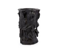 A Chinese stained wood 'Red Cliff' brushpot