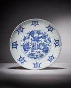 A Chinese large vivid blue and white dish