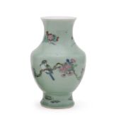 A Chinese celadon-ground famille rose vase with bird and flowers