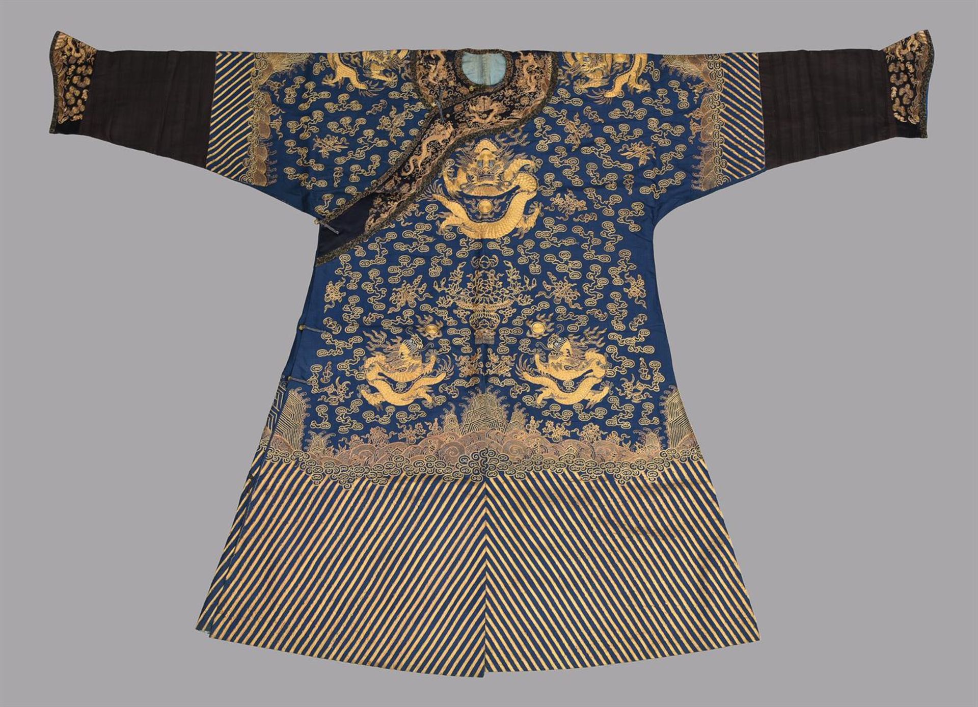 A Chinese blue satin silk 'dragon' robe