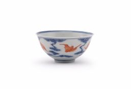 A Chinese underglaze blue and iron-red 'bat and cloud' bowl