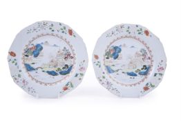 A pair of Chinese Famille Rose octagonal plates