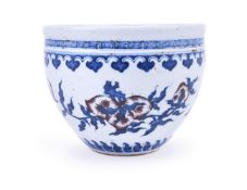 A small Chinese blue and white and underglaze red 'Longevity' jardinière