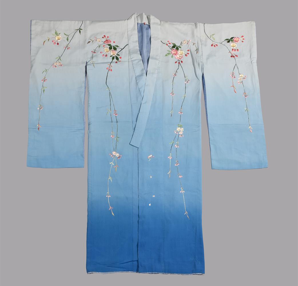 A shaded blue silk crepe Japanese women's Kimono