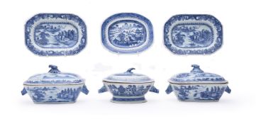 Three Chinese blue and white sauce tureens and covers