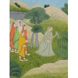 A Pahari painting of a Woman with a Dove surrounded by her Companions