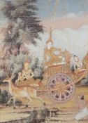 A Thai painting of Rama riding on top of a chariot holding a sword