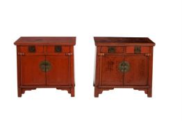 A PAIR OF RED LACQUERED CHINESE SIDE CABINETS