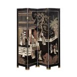 A JAPANESE BLACK AND POLYCHROME LACQUER ROOM SCREEN