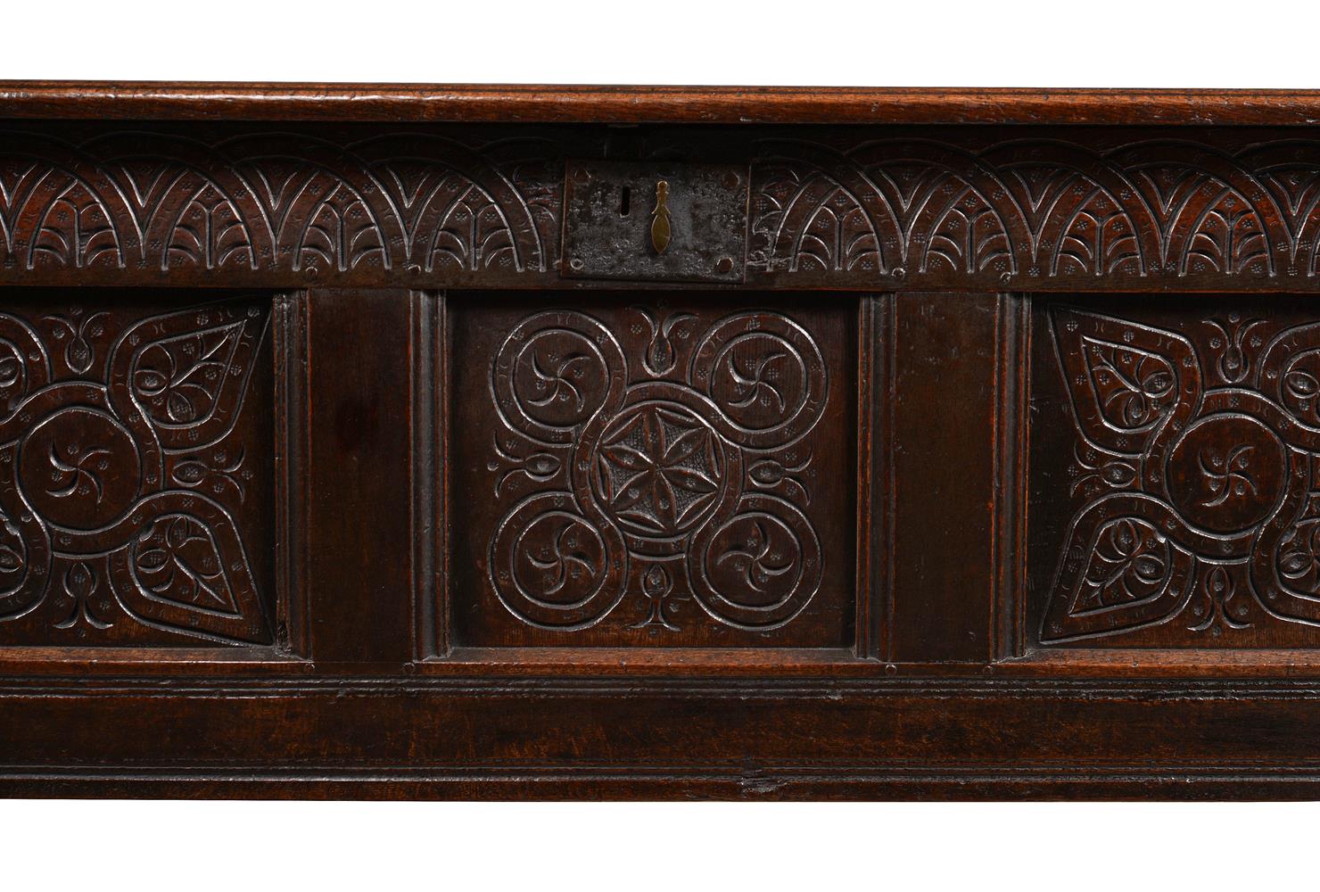 A CHARLES II PANELLED OAK CHEST - Image 2 of 3