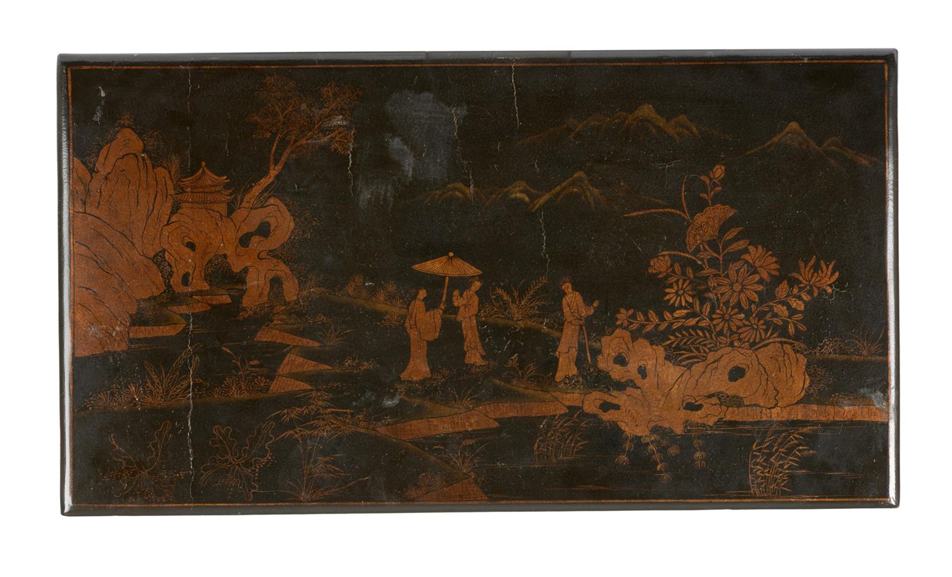 A BLACK JAPANNED AND PARCEL GILT CHINOISERIE KNEEHOLE DESKIN 18TH CENTURY STYLE - Bild 4 aus 4