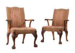 A PAIR OF MAHOGANY AND UPHOLSTERED ARMCHAIRS IN GEORGE III STYLE